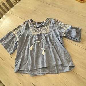 GIA CURVES Women’s Blue Embroidered 3/4 Sleeve Tunic Top Tassels Sequins Sz XXL